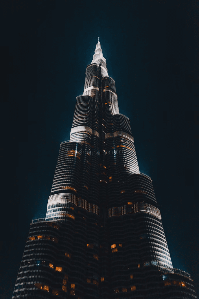 Burj Khalifa illuminated against the Dubai night sky